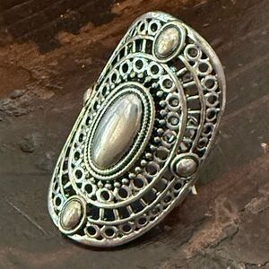 Vintage style antique silver plated long oval adjustable ring